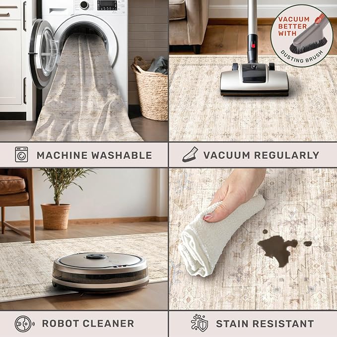 Washable Cream Rug 4x6 for Office, Non Slip Rugs for Kitchen, Low Pile Neutral - Image 4