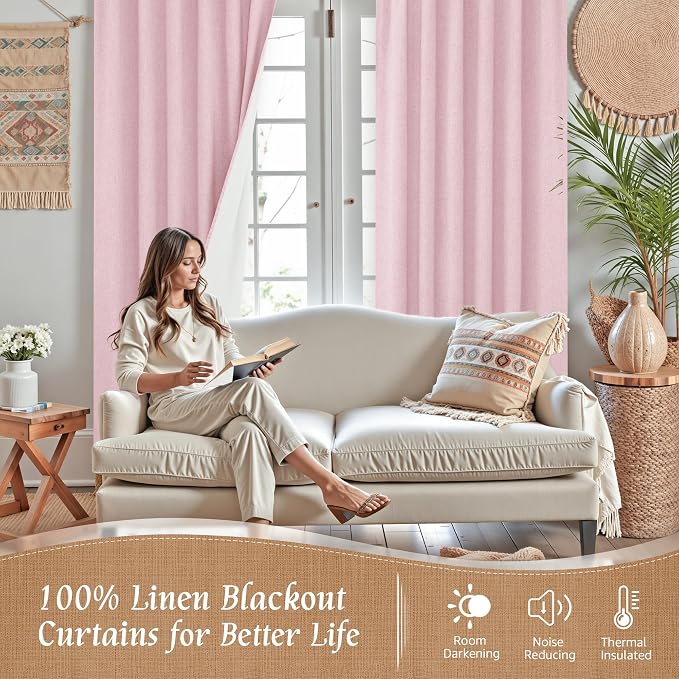 63 Inch Long 100% Blackout Linen Curtains 2 Panels - Image 2
