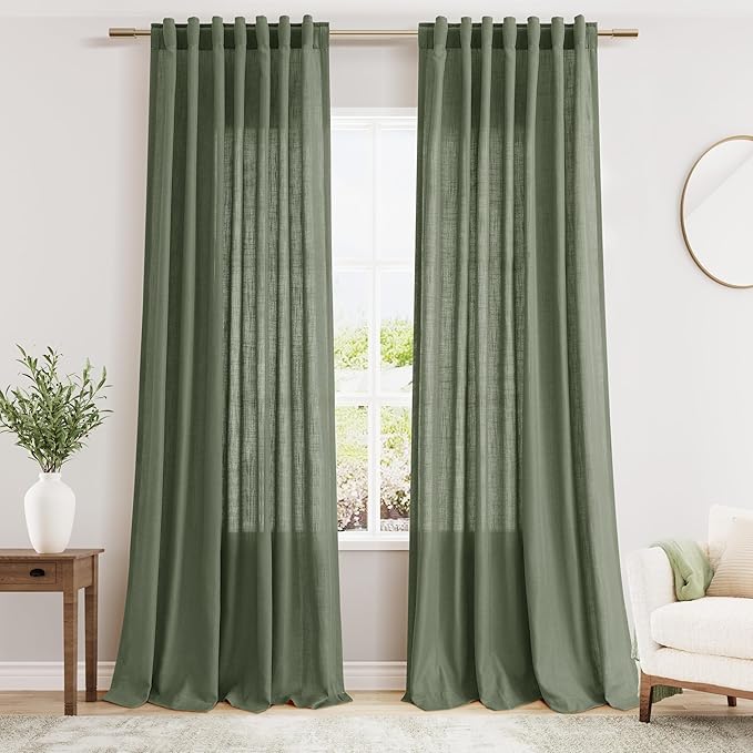 Olive Green Linen Curtains for Living Room 2 Panels Set 95 Inch Length Back Tab by Nanspring