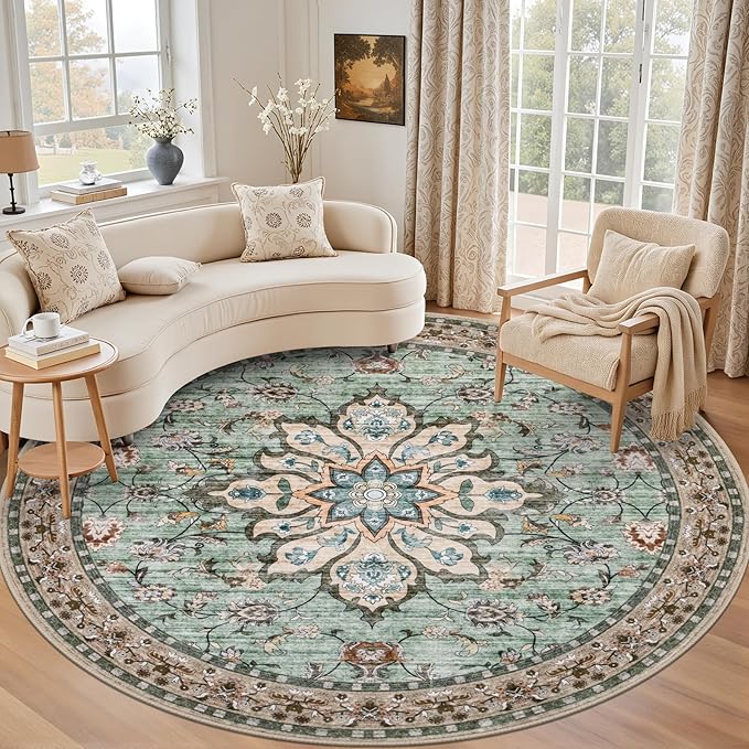 Round Area Rug for Living Room: 4ft Boho Washable Rug Brown Green | Vintage by EXPEDIX