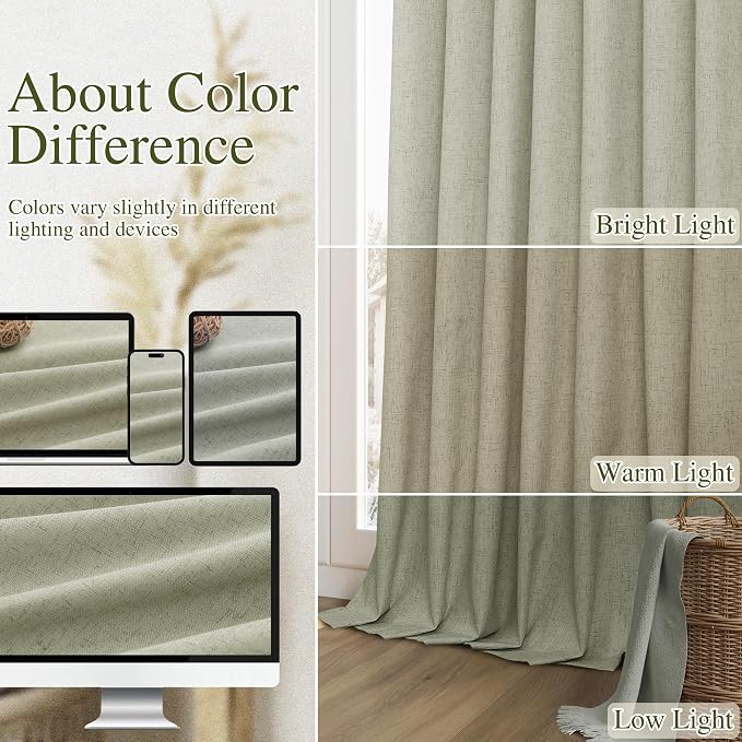 Sage Green 100% Blackout Linen Curtains 92 Inch Length 2 Panels Set - Image 7