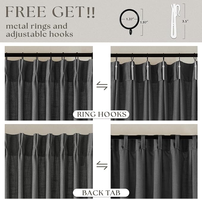 Charcoal Grey 84 Inch Pinch Pleated Linen Semi Sheer Curtains 2 Panel Set | - Image 5