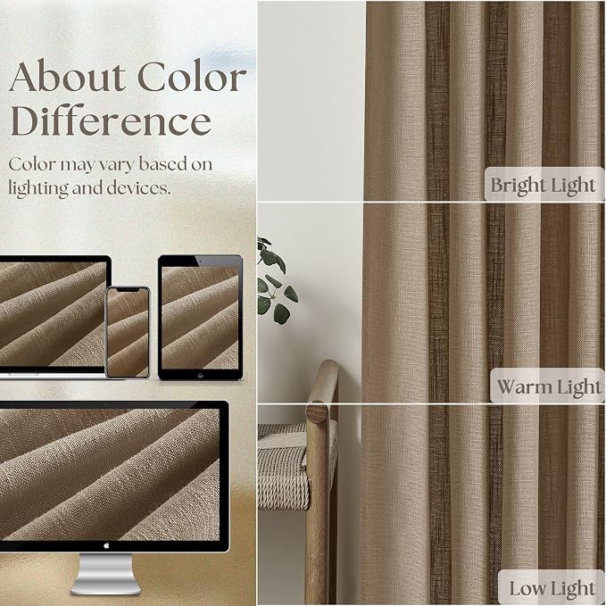 100 Inch Linen Blend Light Brown Memory Shape Pleated Curtains 2 Panels | - Image 5