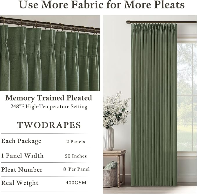 102 Inch Green Linen Blend Semi Sheer Pinch Pleat Memory Shape Curtains 50W | - Image 4