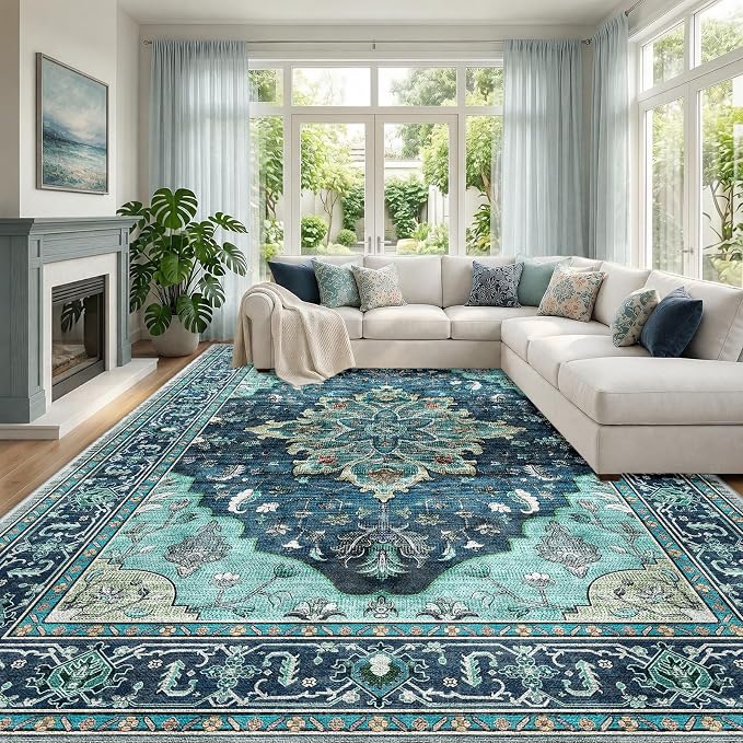 RELEANY Washable Area Rug, Large 9'x12', Teal | Non-Slip, Water Repellent by RELEANY