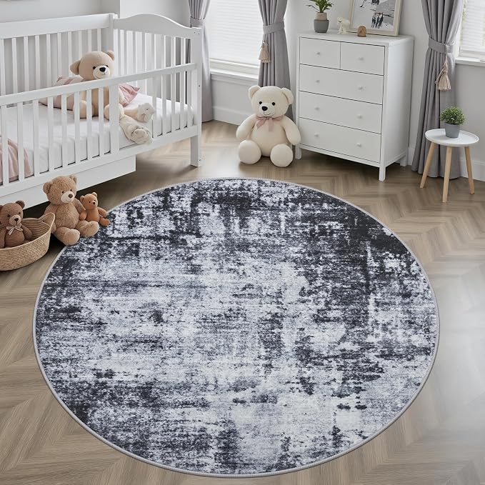 Round Area Rug Living Room: 8 ft Modern Washable Carpet Dark | - Image 4