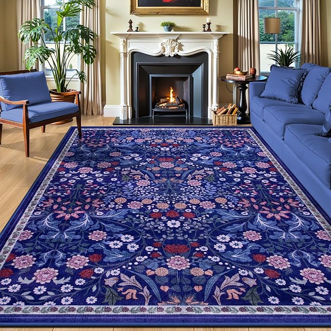 PLHXFR Area Rug 10x12 Living Room: Floral Washable Boho Soft Carpet Blue | by PLHXFRSoftAreaRugs