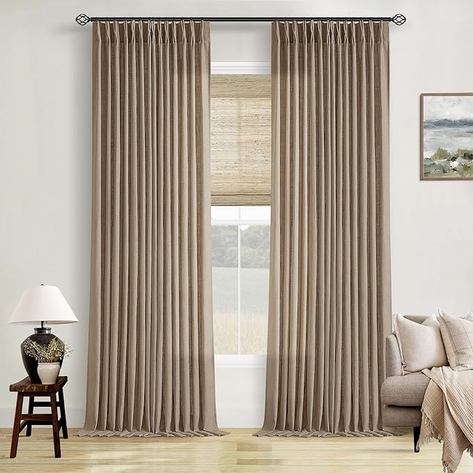 Pinch Pleat Semi Sheer Light Brown Linen Living Room Curtains 90 Inch Long | by Twodrapes