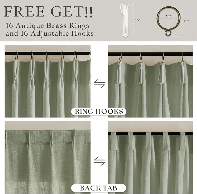Sage Green 90 Inch Linen Pinch Pleated Semi Sheer Country Curtains W50xL90 | 90 - Image 5