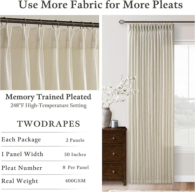 Semi Sheer Pinch Pleated Light Tan Linen Curtains 54 Inch Length 2 Panels | - Image 4