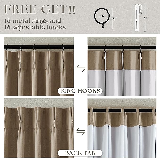 Light Brown Pinch Pleated 100% Blackout Linen Bedroom 96 Inch Curtains | Double - Image 6
