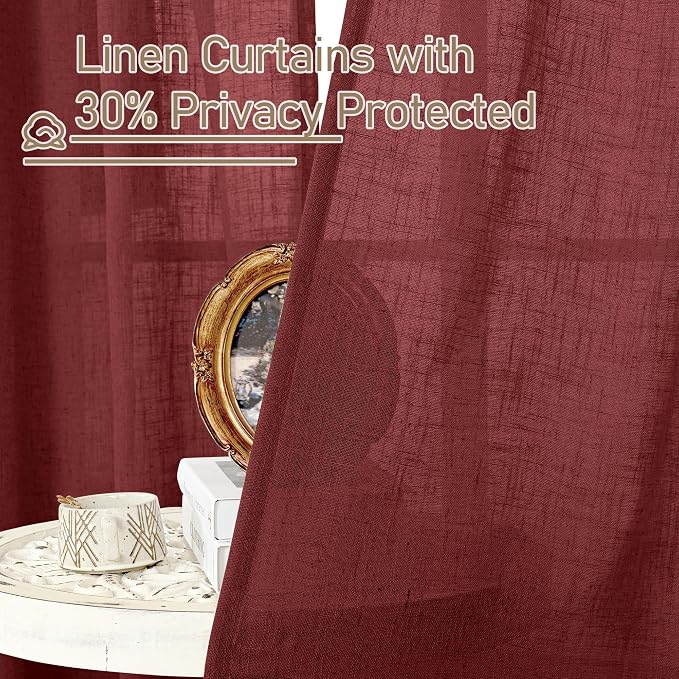 Burgundy Red Semi Sheer Linen Curtains 45 Inches Long, Light Filtering Panels - Image 6
