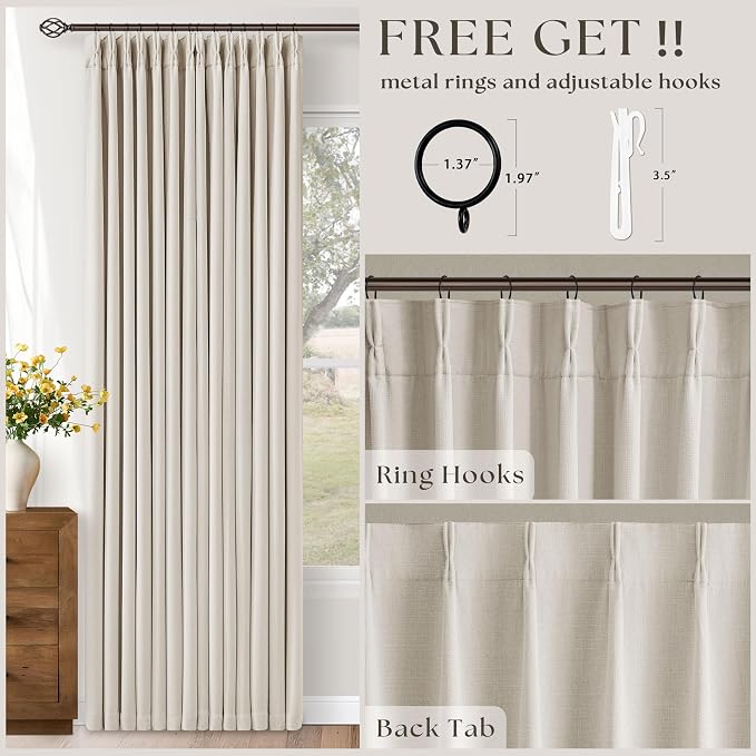 Natural Pinch Pleated Blackout 102 Inch Curtains 70 Inch Wide Dual Layer | 100% - Image 4