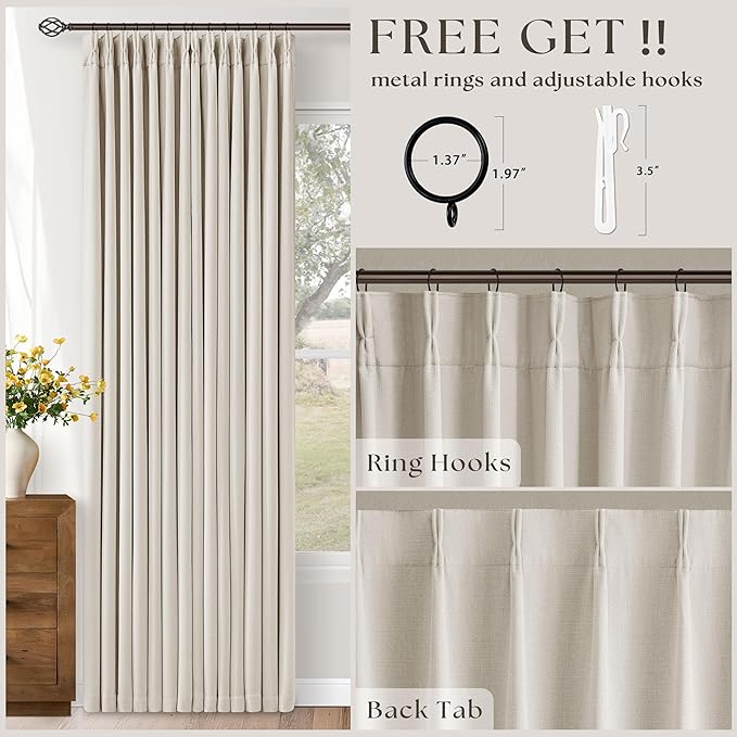 Natural Linen Blackout Pleated Curtains 108 Inches Long 2 Panels | Pinch Pleat - Image 5