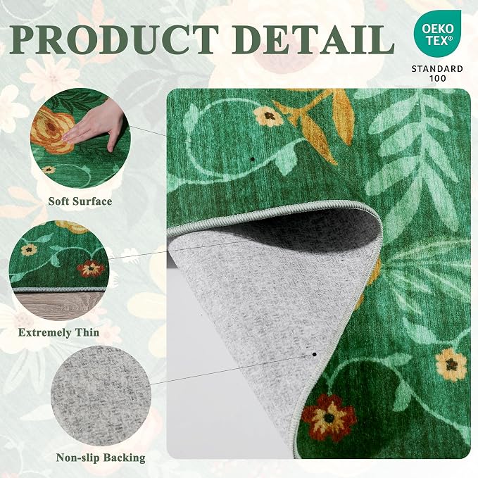 DUKINO 4x6 Area Rug, Floral Washable Office Chair Rug Non Slip, Dark Green | - Image 4