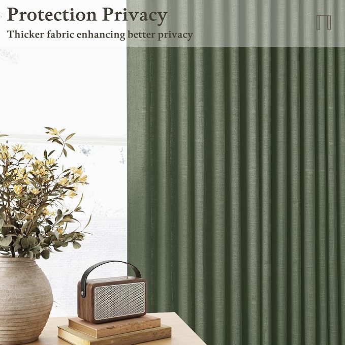 Olive Green Linen Pleated Curtains Semi Sheer Boho Curtain 50Wx80L 2 Panels | - Image 6