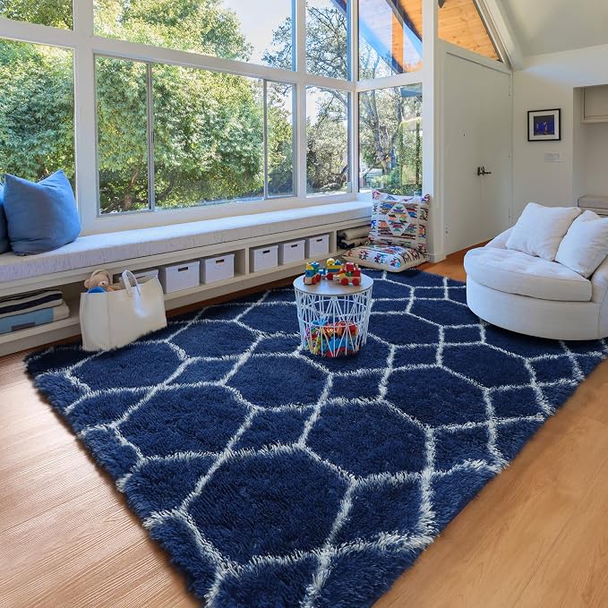 7x9 Area Rugs for Living Room Bedroom, Fluffy Navy Blue and White Boys Rug | - Image 9