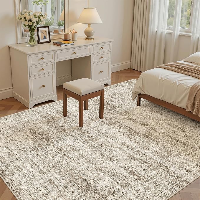 Soalmost 5x8 Area Rugs Brown Low Pile Washable Trendy Faded Style Rug | Vintage - Image 3