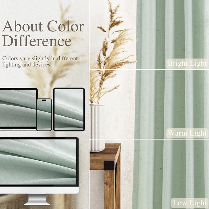 Aqua Green Linen Curtains 102 Inches Long Rod Pocket Back Tab Drapes 2 Panels - Image 3