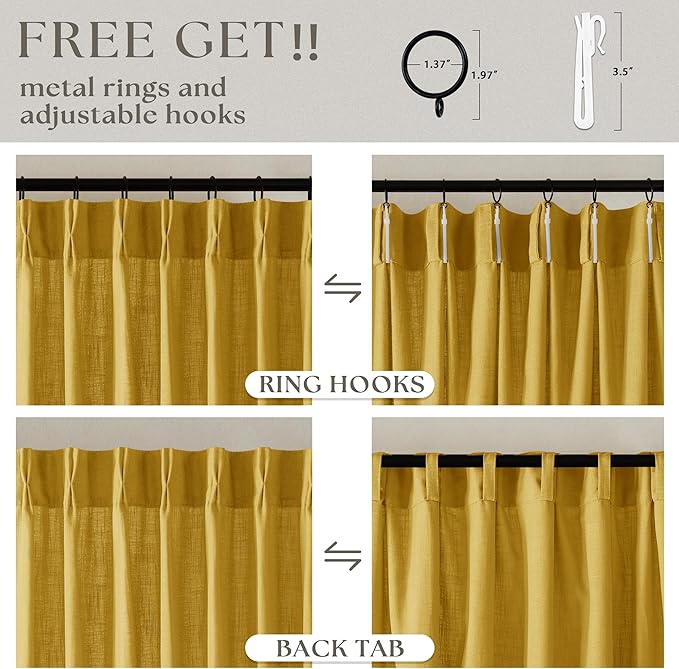 Mustard Yellow Pinch Pleated Linen Sheer Curtains 45 Inch Length 2 Panels | - Image 5