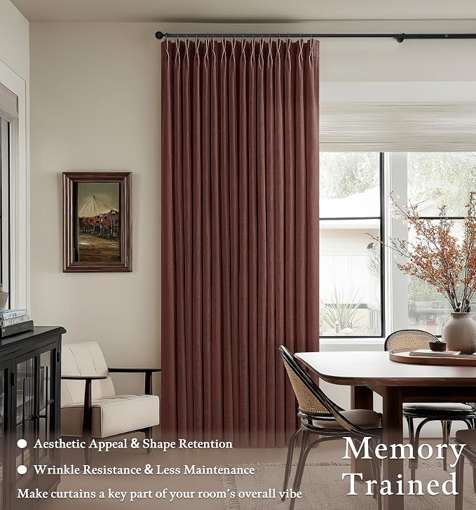 Pinch Pleat Linen Textured Reddish Brown Semi Sheer Curtains 120 Inch Long | - Image 6