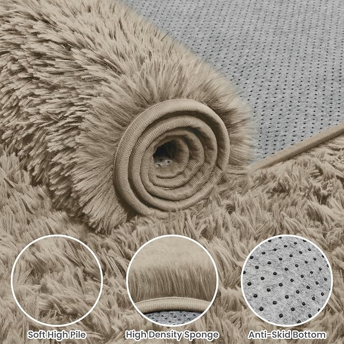 5x8 Fluffy Shag Area Rugs for Living Room Bedroom: Soft Carpet Gray Camel | - Image 8