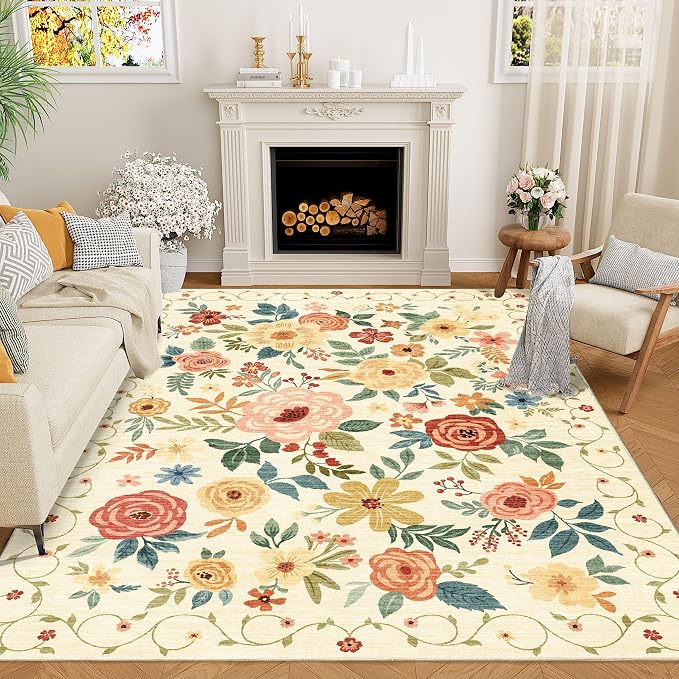 DUKINO 8x10 Area Rug, Floral Washable Living Room Rug Non Slip Beige Yellow | by DUKINO