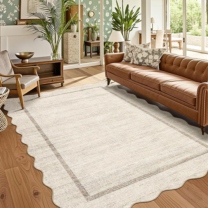 GarveeHome Scalloped Large Living Room Area Rug 8x10 Machine Washable Beige | - Image 2