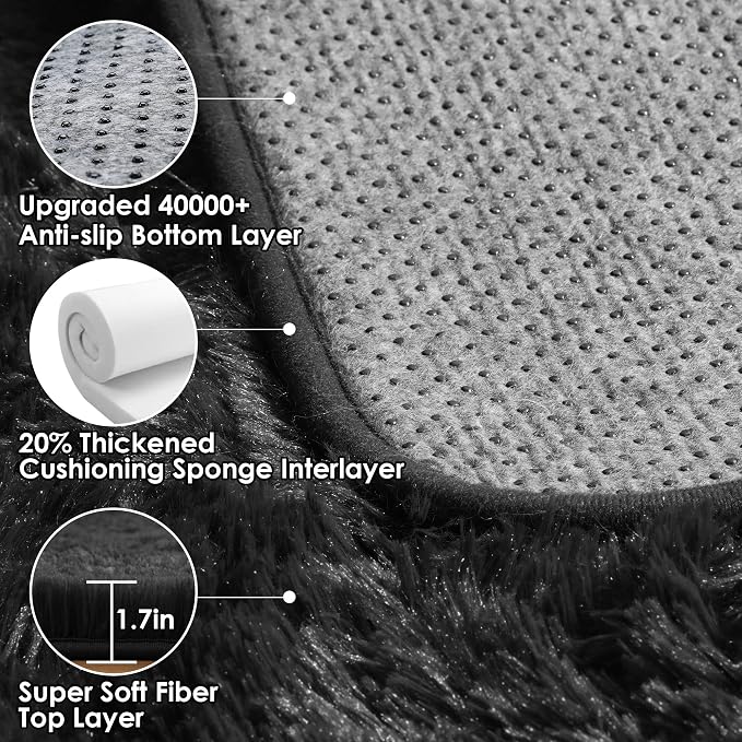Black Area Rugs for Living Room Bedroom, 5x8 Fluffy Shaggy Rug, Soft Plush - Image 3
