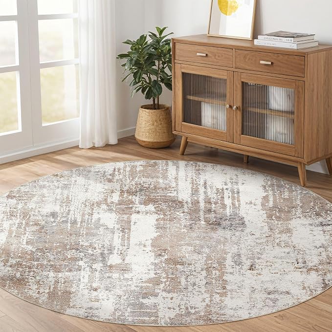 LOONGRUG Round Rug 7x7 Washable Large Neutral Modern Area Rugs Brown | Abstract - Image 7