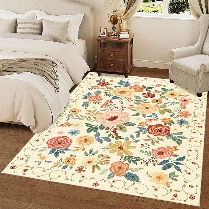 DUKINO 5x7 Area Rug Floral Washable Living Room Rug Non Slip Beige Yellow | Soft - Image 4
