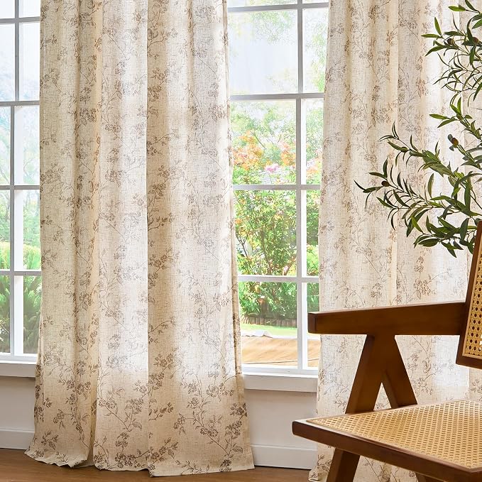 Taupe Vintage Floral Linen Curtains Farmhouse 38W X 90L 2 Panels | Elisa Series - Image 8