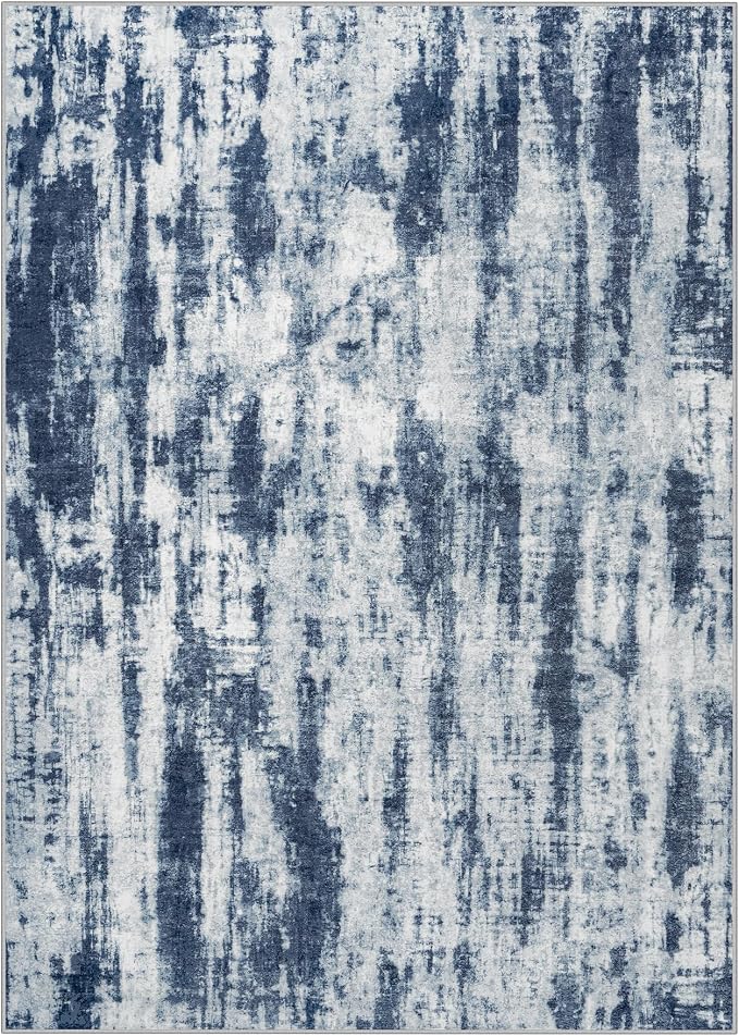 5x7 Area Rugs for Living Room: Washable Abstract Blue Grey Badroom Carpet | - Image 2