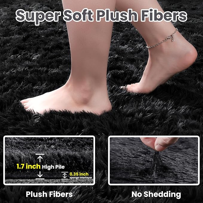 5x7 Fluffy Shag Area Rugs for Living Room Bedroom: Soft Plush Carpet Black | - Image 5