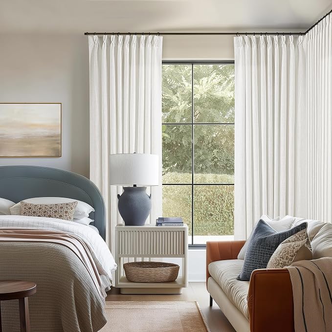 Extra Wide Pinch Pleat 84 Inch Curtains 60 Inch Wide Beige White | Memory - Image 8