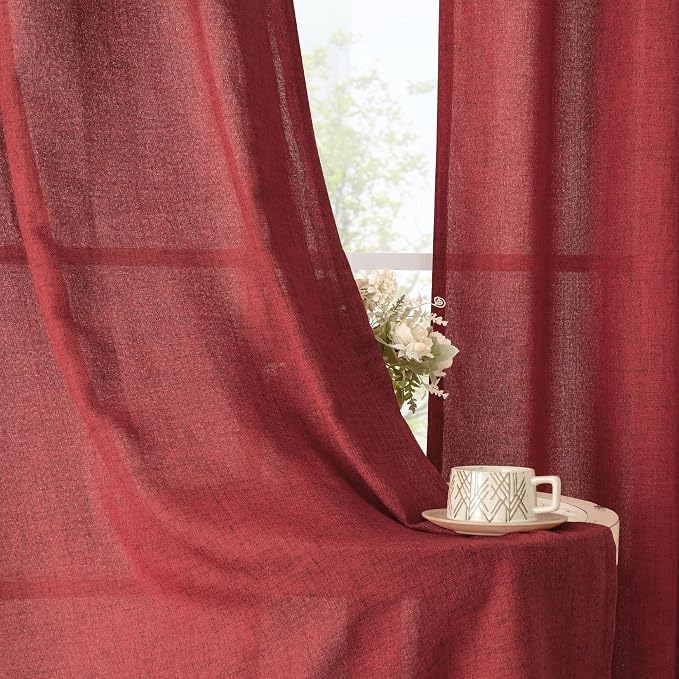 YoungsTex Burgundy Red Linen Curtains 63 Inch Length 2 Panels - Image 2