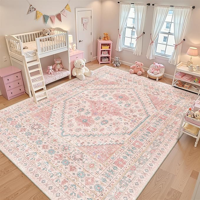 Pink Rugs for Bedroom-10x12 Area Rugs for Living Room, Girls Room | Washable by Zesthome