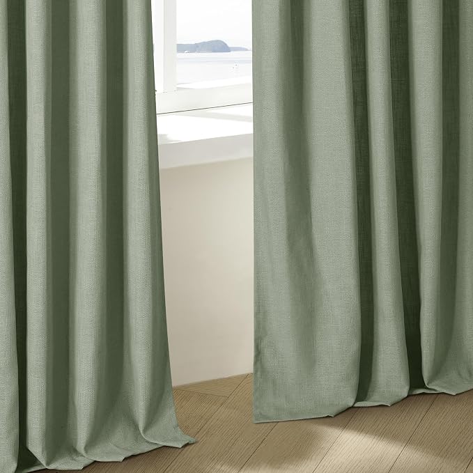 Sage Green Pinch Pleat Semi Sheer Linen Curtains 108 Inches Long 2 Panels | - Image 9