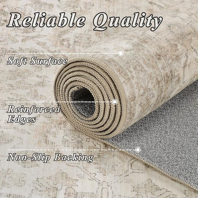 Schweek 8ft Circle Rug Neutral Beige Vintage Washable Non-Slip Round Rugs | - Image 4
