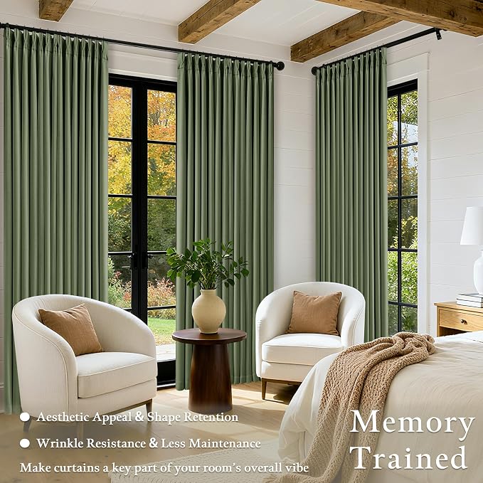 84 Inch Olive Green Linen Pinch Pleated Blackout Curtains Dual Layer | 100% - Image 4