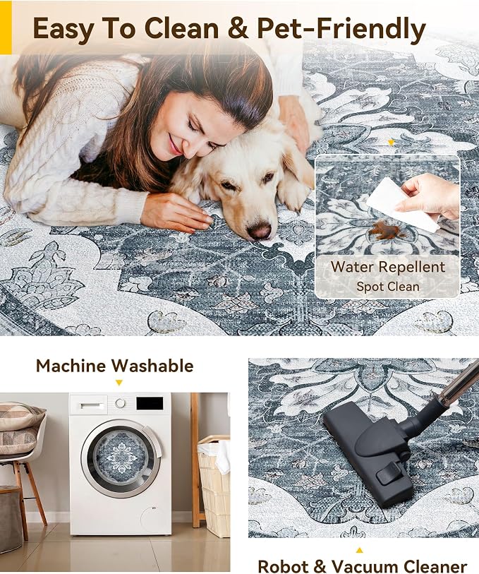 RELEANY Washable Area Rug, Round 6ft, Water Repellent, Pet Friendly, Vintage - Image 5