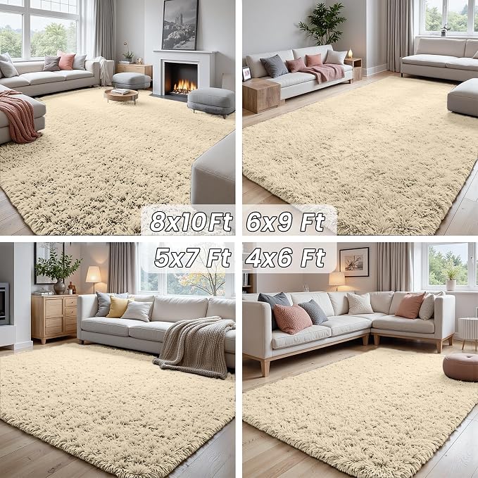 8x10 Fluffy Shag Area Rugs for Living Room Bedroom: Soft Plush Carpet Beige | - Image 7