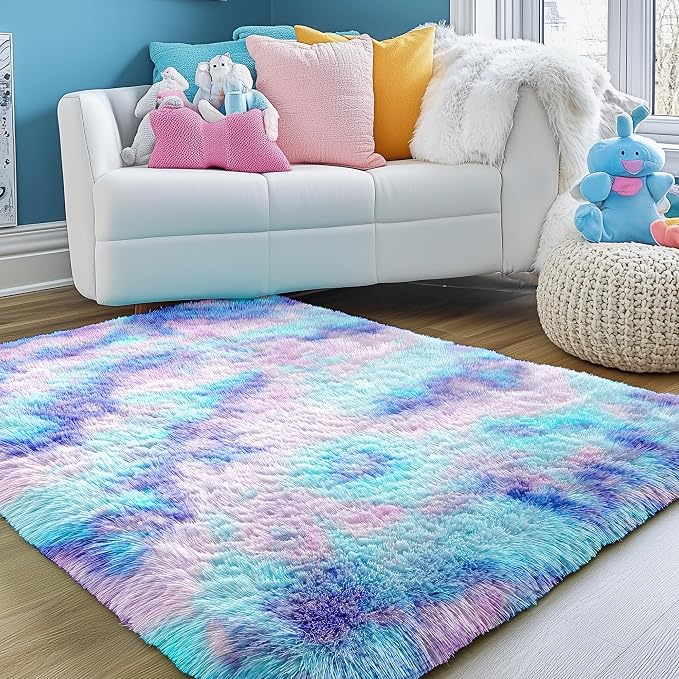 Adorable Rainbow Mermaid Rugs for Girls Bedroom Fluffy Purple Rug 3x5 Ft | by PAGISOFE