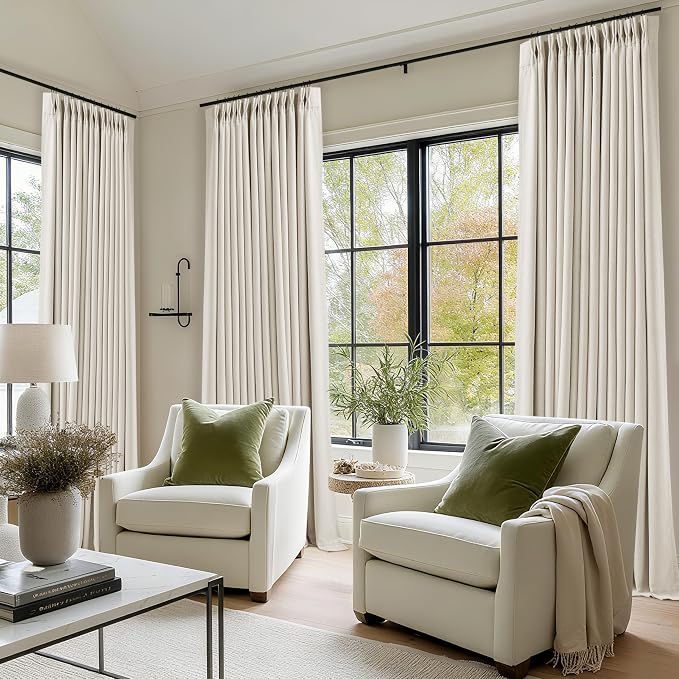 Natural Linen Blackout Pleated Curtains 108 Inches Long 2 Panels | Pinch Pleat - Image 9