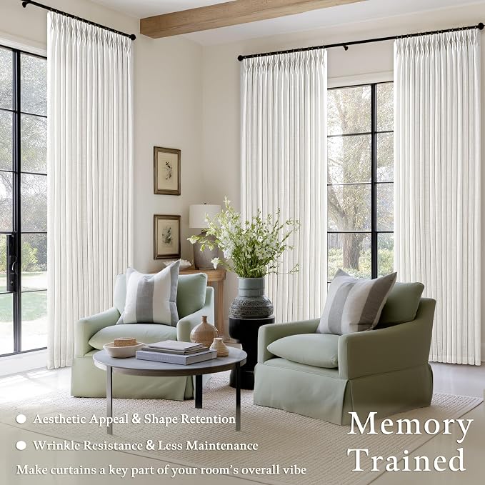 Pinch Pleated 80 Inch Semi Sheer Linen Blend Curtains Beige White W50xL80 | - Image 2