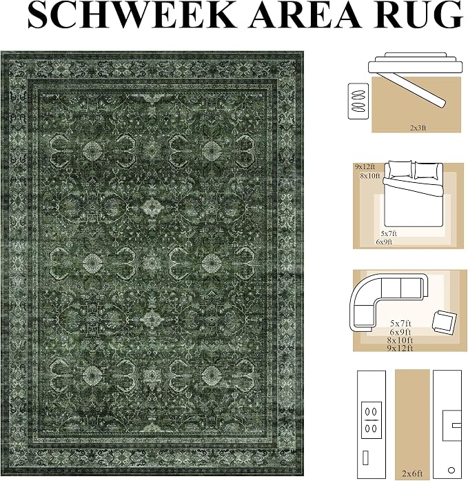 Schweek Green 5x7 Area Rug for Living Room Washable Non Slip Neutral Rugs | - Image 2