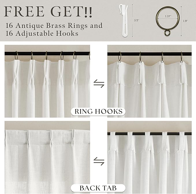 100 Inch Light Filtering Linen Pleat Farmhouse Beige Curtains | Pinch Pleated - Image 5