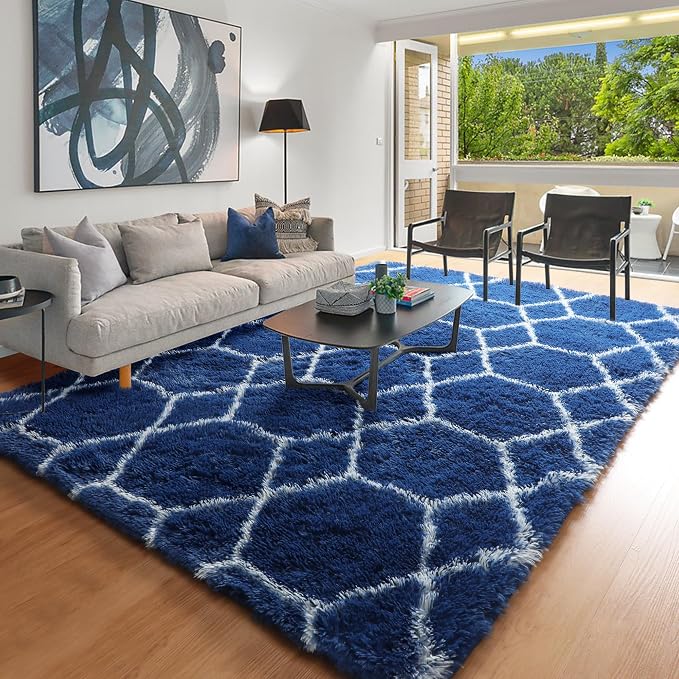 7x9 Area Rugs for Living Room Bedroom, Fluffy Navy Blue and White Boys Rug | - Image 8