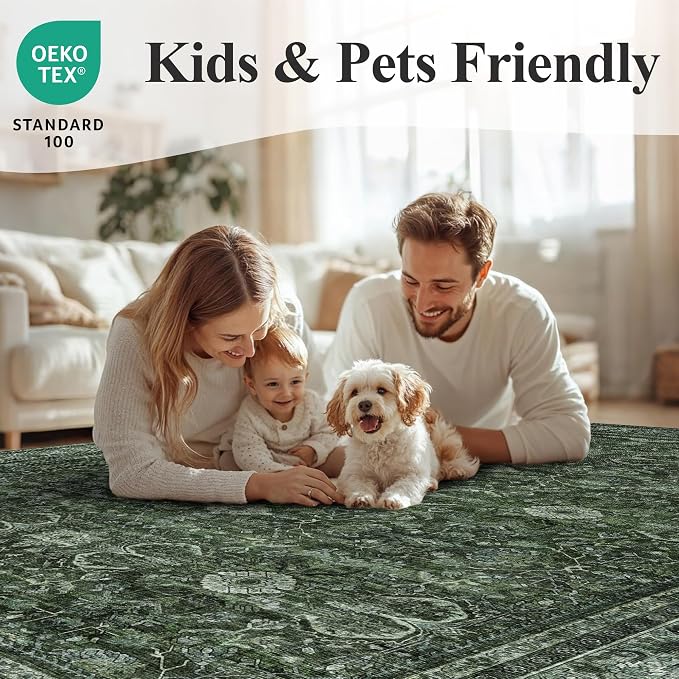 Schweek Green 5x7 Area Rug for Living Room Washable Non Slip Neutral Rugs | - Image 8