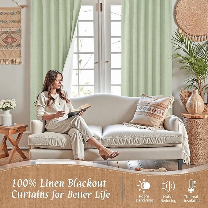Light Green 100% Blackout Linen Curtains 63 Inches 2 Panels | Linen Textured - Image 2